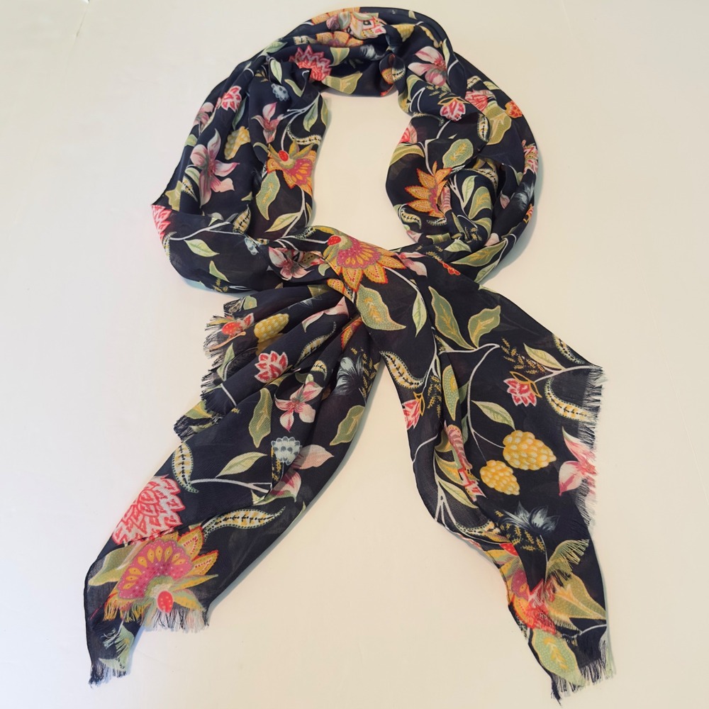 LOFT Scarf Navy Blue Floral Botanical Frayed Edge New Wrap Shawl Accessory 70x28